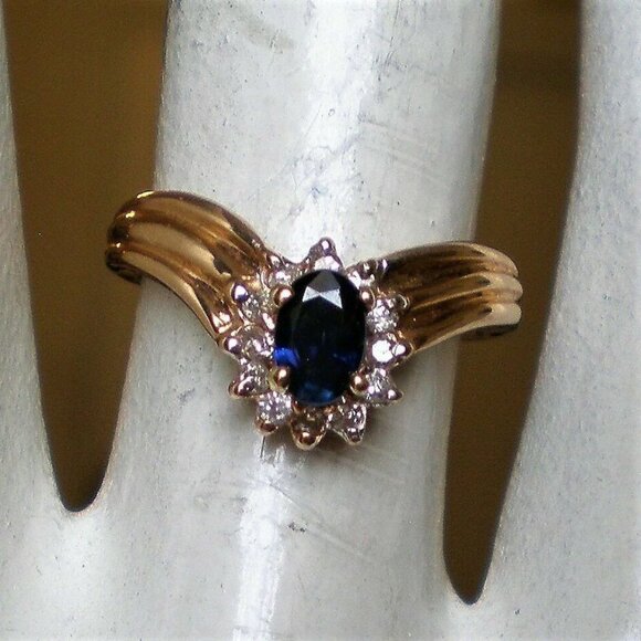 Vintage Solid 14K Yellow Gold 0.73CT Sapphire Diamond V Design Chevron Ring P - Picture 7 of 10